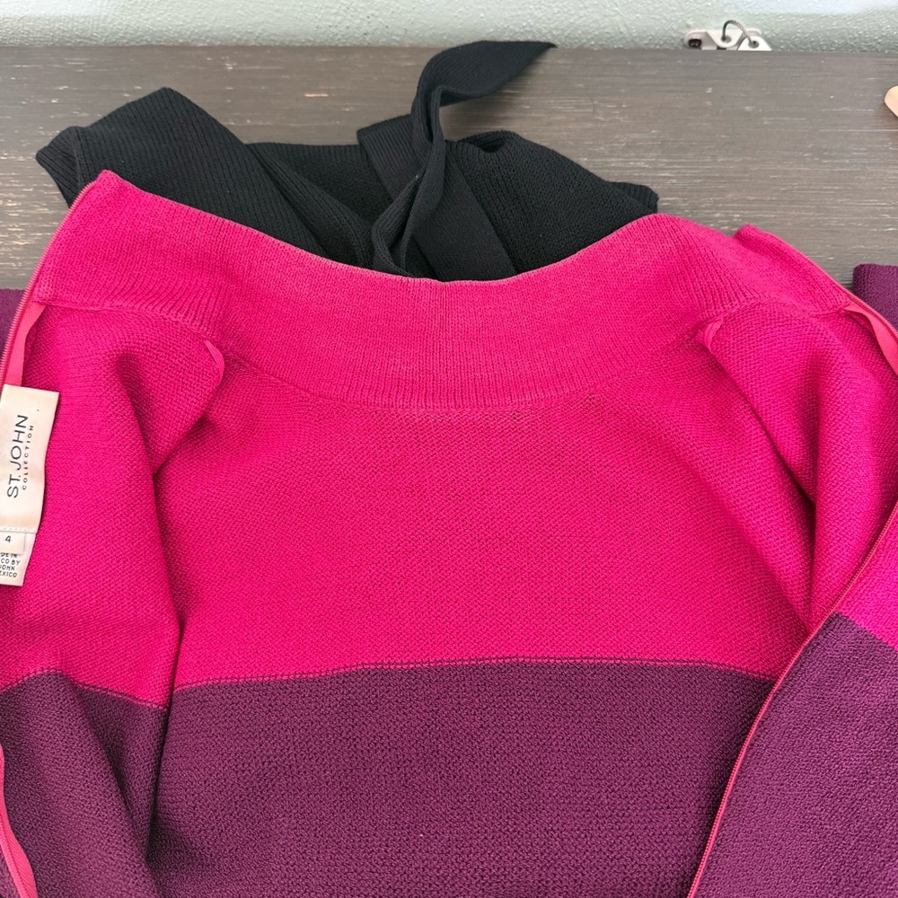 Vintage St John Pink Purple Black Color Block Long Sleeve Wool Knit Dress Size 4 - Picture 7 of 11